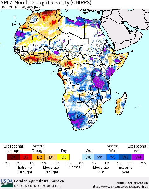 Africa SPI 2-Month Drought Severity (CHIRPS) Thematic Map For 12/21/2021 - 2/20/2022