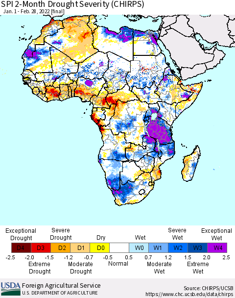 Africa SPI 2-Month Drought Severity (CHIRPS) Thematic Map For 1/1/2022 - 2/28/2022