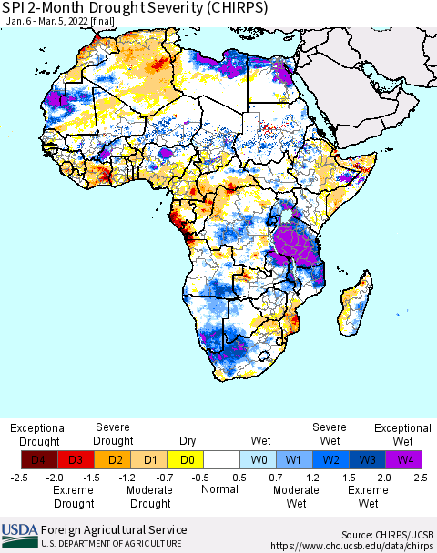 Africa SPI 2-Month Drought Severity (CHIRPS) Thematic Map For 1/6/2022 - 3/5/2022