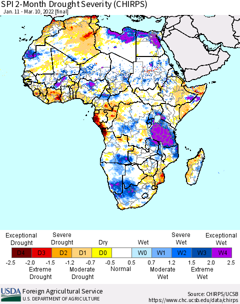 Africa SPI 2-Month Drought Severity (CHIRPS) Thematic Map For 1/11/2022 - 3/10/2022