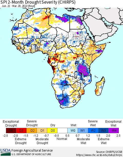 Africa SPI 2-Month Drought Severity (CHIRPS) Thematic Map For 1/21/2022 - 3/20/2022