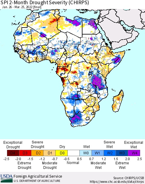 Africa SPI 2-Month Drought Severity (CHIRPS) Thematic Map For 1/26/2022 - 3/25/2022