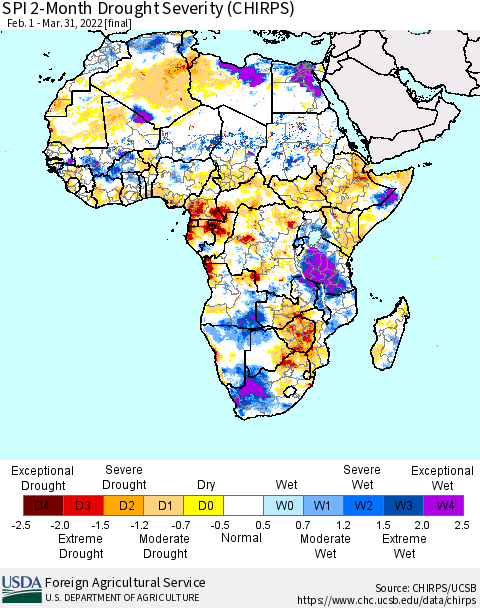 Africa SPI 2-Month Drought Severity (CHIRPS) Thematic Map For 2/1/2022 - 3/31/2022