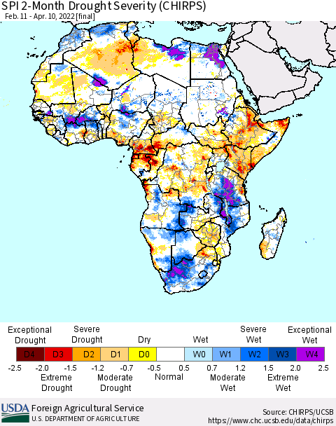 Africa SPI 2-Month Drought Severity (CHIRPS) Thematic Map For 2/11/2022 - 4/10/2022