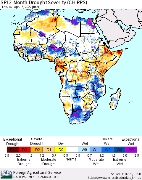 Africa SPI 2-Month Drought Severity (CHIRPS) Thematic Map For 2/16/2022 - 4/15/2022