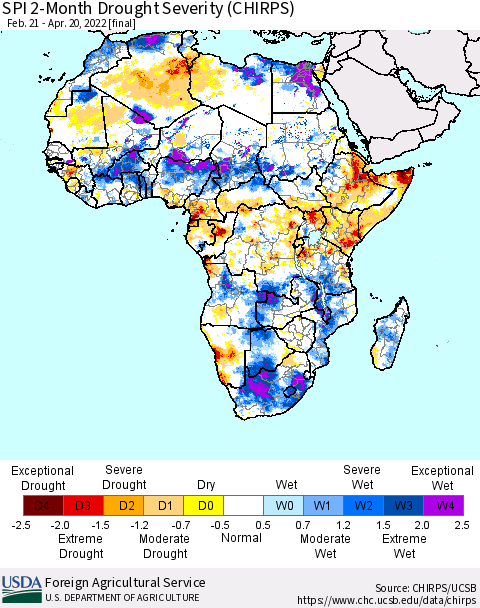 Africa SPI 2-Month Drought Severity (CHIRPS) Thematic Map For 2/21/2022 - 4/20/2022