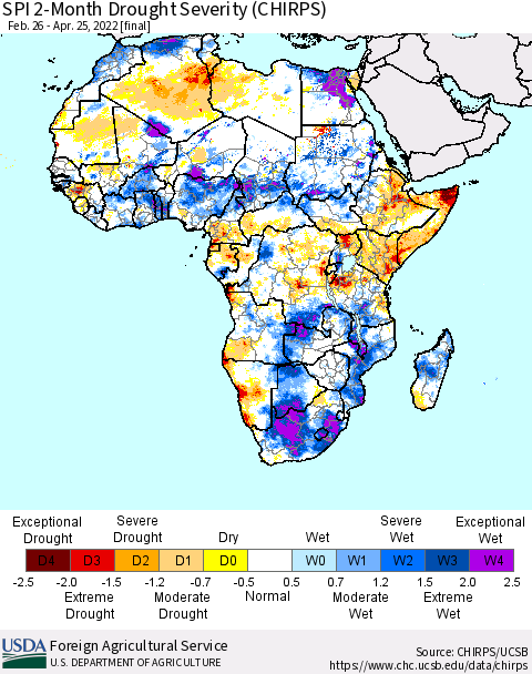 Africa SPI 2-Month Drought Severity (CHIRPS) Thematic Map For 2/26/2022 - 4/25/2022