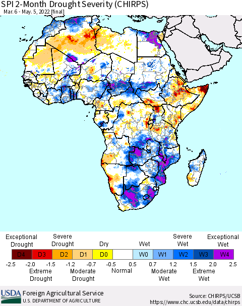 Africa SPI 2-Month Drought Severity (CHIRPS) Thematic Map For 3/6/2022 - 5/5/2022