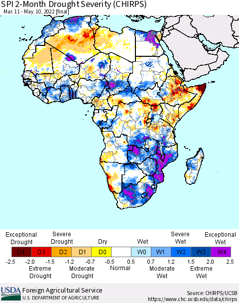 Africa SPI 2-Month Drought Severity (CHIRPS) Thematic Map For 3/11/2022 - 5/10/2022