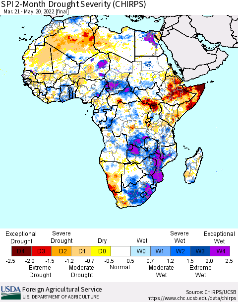 Africa SPI 2-Month Drought Severity (CHIRPS) Thematic Map For 3/21/2022 - 5/20/2022