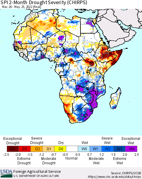 Africa SPI 2-Month Drought Severity (CHIRPS) Thematic Map For 3/26/2022 - 5/25/2022
