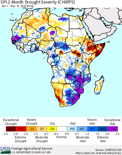 Africa SPI 2-Month Drought Severity (CHIRPS) Thematic Map For 4/1/2022 - 5/31/2022
