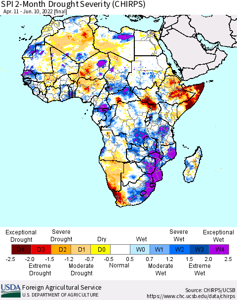 Africa SPI 2-Month Drought Severity (CHIRPS) Thematic Map For 4/11/2022 - 6/10/2022