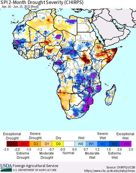 Africa SPI 2-Month Drought Severity (CHIRPS) Thematic Map For 4/16/2022 - 6/15/2022