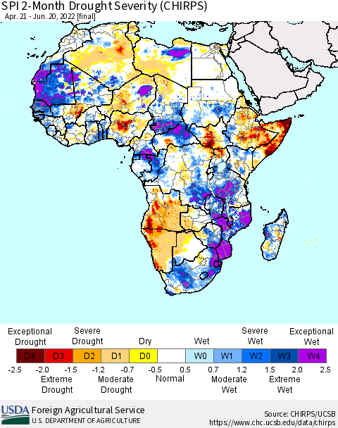 Africa SPI 2-Month Drought Severity (CHIRPS) Thematic Map For 4/21/2022 - 6/20/2022