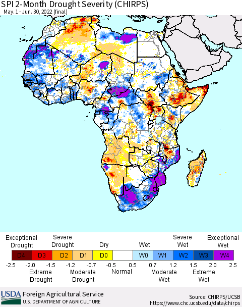 Africa SPI 2-Month Drought Severity (CHIRPS) Thematic Map For 5/1/2022 - 6/30/2022