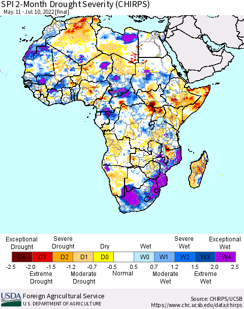 Africa SPI 2-Month Drought Severity (CHIRPS) Thematic Map For 5/11/2022 - 7/10/2022