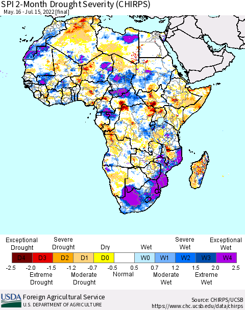 Africa SPI 2-Month Drought Severity (CHIRPS) Thematic Map For 5/16/2022 - 7/15/2022