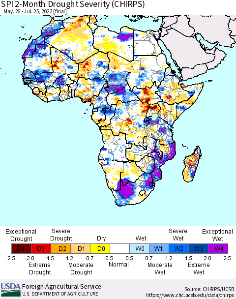 Africa SPI 2-Month Drought Severity (CHIRPS) Thematic Map For 5/26/2022 - 7/25/2022