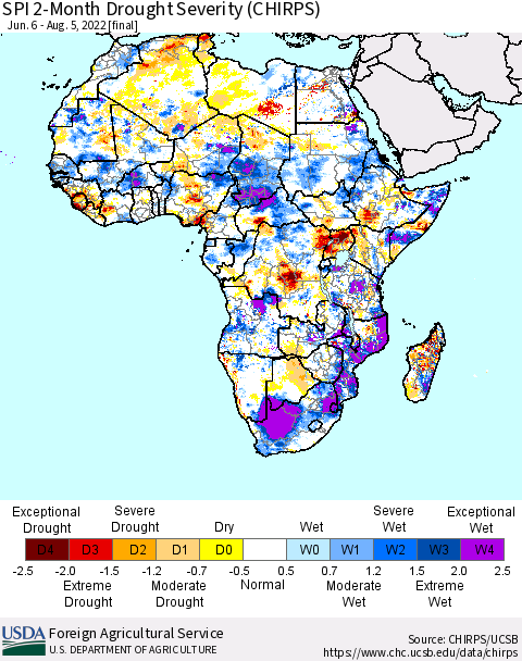 Africa SPI 2-Month Drought Severity (CHIRPS) Thematic Map For 6/6/2022 - 8/5/2022