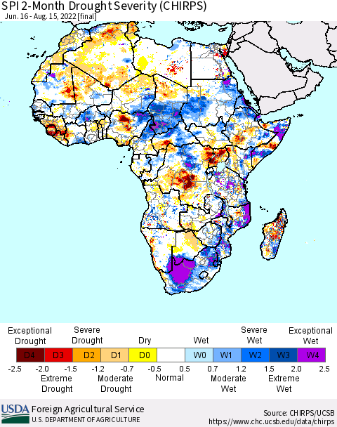 Africa SPI 2-Month Drought Severity (CHIRPS) Thematic Map For 6/16/2022 - 8/15/2022