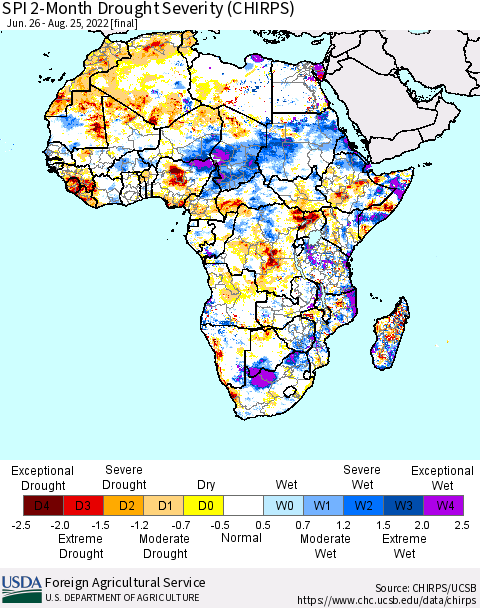 Africa SPI 2-Month Drought Severity (CHIRPS) Thematic Map For 6/26/2022 - 8/25/2022