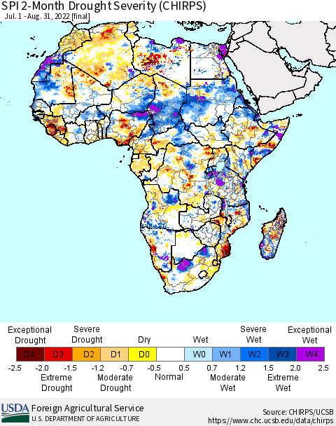 Africa SPI 2-Month Drought Severity (CHIRPS) Thematic Map For 7/1/2022 - 8/31/2022