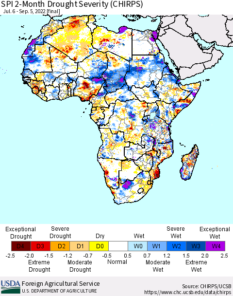 Africa SPI 2-Month Drought Severity (CHIRPS) Thematic Map For 7/6/2022 - 9/5/2022