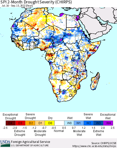 Africa SPI 2-Month Drought Severity (CHIRPS) Thematic Map For 7/16/2022 - 9/15/2022