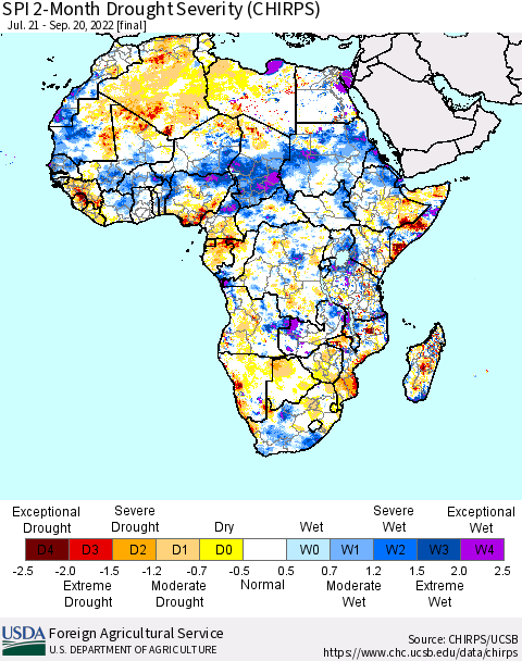 Africa SPI 2-Month Drought Severity (CHIRPS) Thematic Map For 7/21/2022 - 9/20/2022