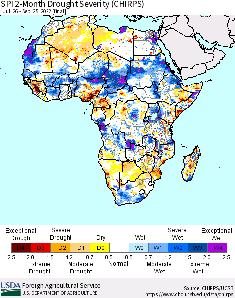 Africa SPI 2-Month Drought Severity (CHIRPS) Thematic Map For 7/26/2022 - 9/25/2022