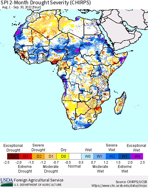 Africa SPI 2-Month Drought Severity (CHIRPS) Thematic Map For 8/1/2022 - 9/30/2022