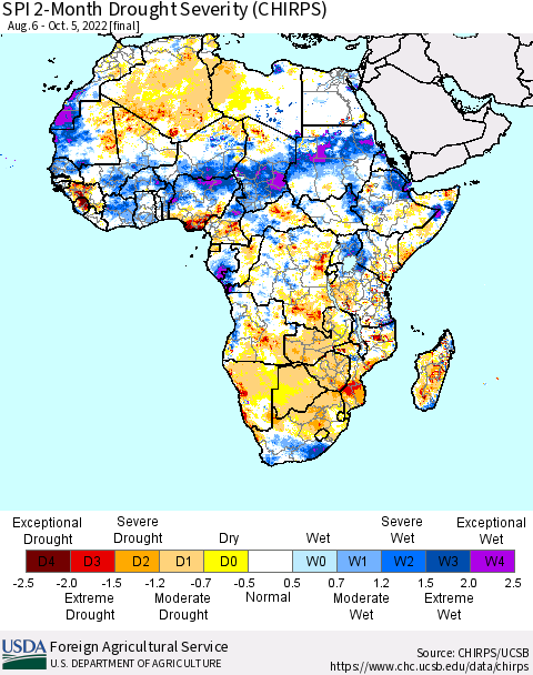 Africa SPI 2-Month Drought Severity (CHIRPS) Thematic Map For 8/6/2022 - 10/5/2022
