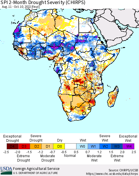 Africa SPI 2-Month Drought Severity (CHIRPS) Thematic Map For 8/11/2022 - 10/10/2022