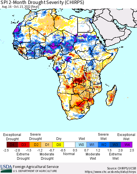 Africa SPI 2-Month Drought Severity (CHIRPS) Thematic Map For 8/16/2022 - 10/15/2022