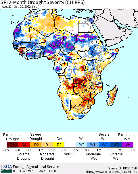 Africa SPI 2-Month Drought Severity (CHIRPS) Thematic Map For 8/21/2022 - 10/20/2022