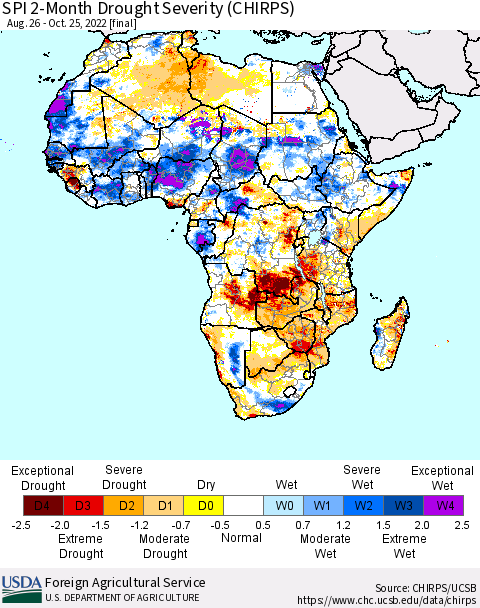 Africa SPI 2-Month Drought Severity (CHIRPS) Thematic Map For 8/26/2022 - 10/25/2022
