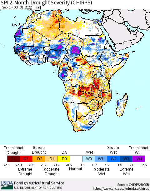 Africa SPI 2-Month Drought Severity (CHIRPS) Thematic Map For 9/1/2022 - 10/31/2022