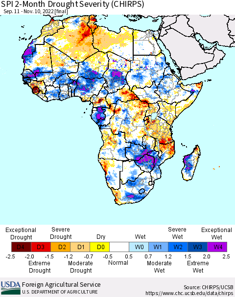 Africa SPI 2-Month Drought Severity (CHIRPS) Thematic Map For 9/11/2022 - 11/10/2022