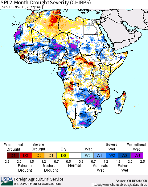 Africa SPI 2-Month Drought Severity (CHIRPS) Thematic Map For 9/16/2022 - 11/15/2022