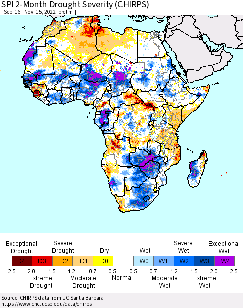 Africa SPI 2-Month Drought Severity (CHIRPS) Thematic Map For 9/16/2022 - 11/15/2022