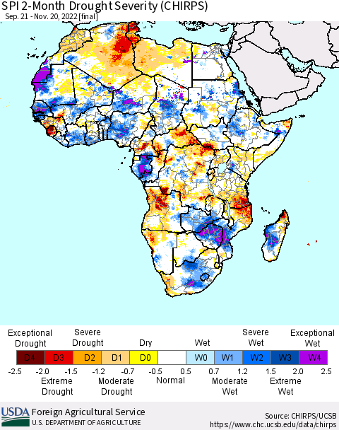 Africa SPI 2-Month Drought Severity (CHIRPS) Thematic Map For 9/21/2022 - 11/20/2022