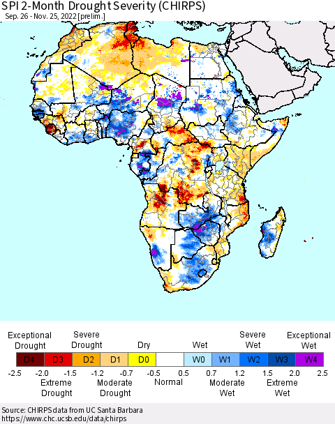 Africa SPI 2-Month Drought Severity (CHIRPS) Thematic Map For 9/26/2022 - 11/25/2022