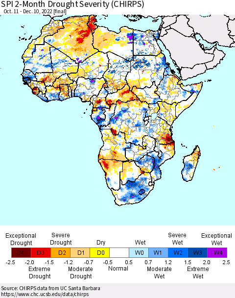 Africa SPI 2-Month Drought Severity (CHIRPS) Thematic Map For 10/11/2022 - 12/10/2022