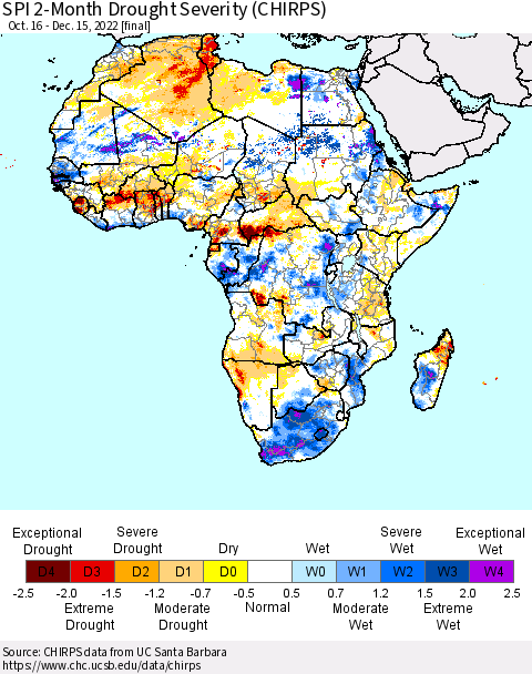 Africa SPI 2-Month Drought Severity (CHIRPS) Thematic Map For 10/16/2022 - 12/15/2022