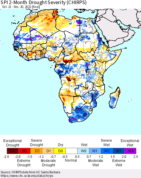 Africa SPI 2-Month Drought Severity (CHIRPS) Thematic Map For 10/21/2022 - 12/20/2022
