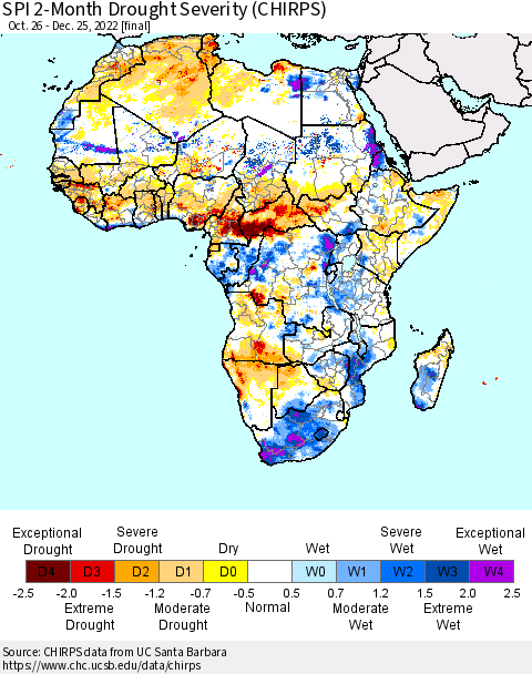 Africa SPI 2-Month Drought Severity (CHIRPS) Thematic Map For 10/26/2022 - 12/25/2022