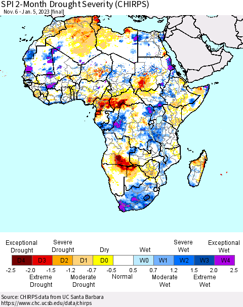 Africa SPI 2-Month Drought Severity (CHIRPS) Thematic Map For 11/6/2022 - 1/5/2023