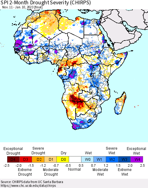 Africa SPI 2-Month Drought Severity (CHIRPS) Thematic Map For 11/11/2022 - 1/10/2023
