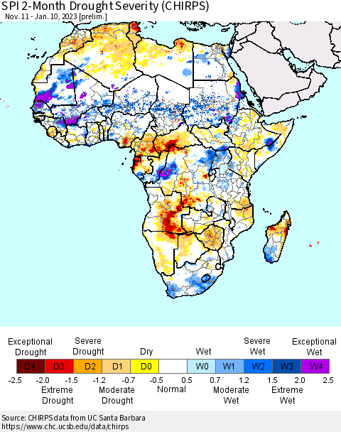 Africa SPI 2-Month Drought Severity (CHIRPS) Thematic Map For 11/11/2022 - 1/10/2023